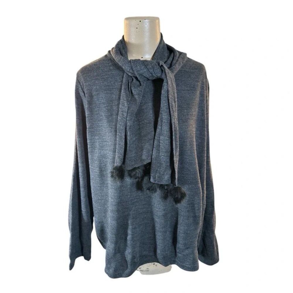 Nina Leonard Pullover Sweater Removable Fur Pom Scarf